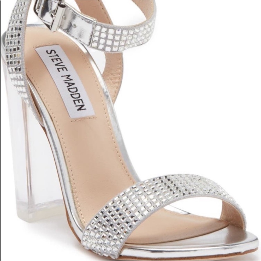 Steve Madden Sandal Size 10M Womens Metallic Yaha Clear Square Heel Rhinestone